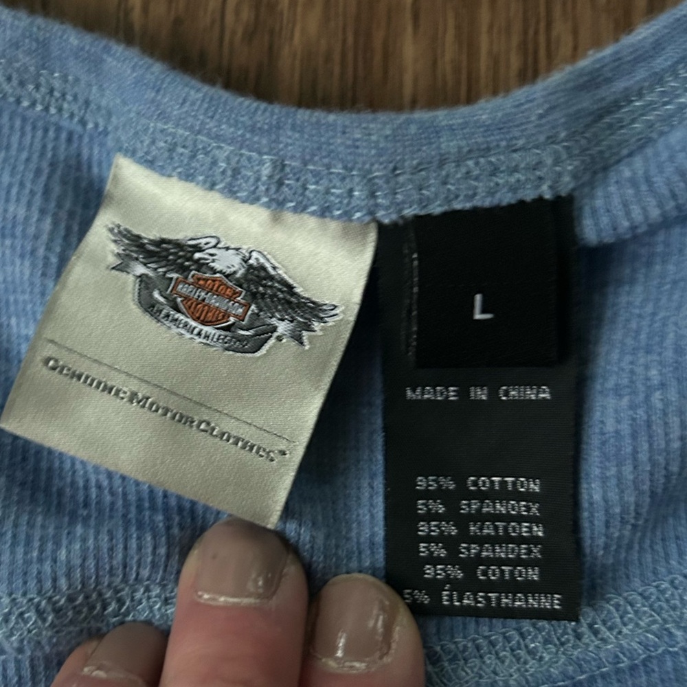 Y2K HARLEY-DAVIDSON Baby Tee Rhinestone Logo Henley Fitted 2000s Moto Indie Sz L - Picture 2 of 9